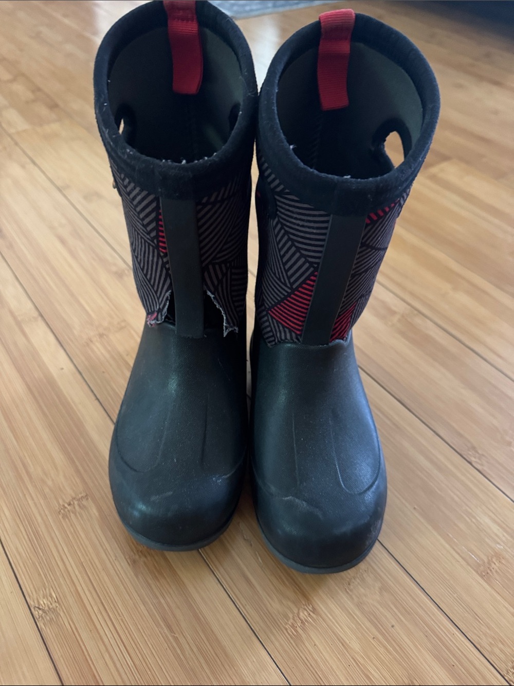 Bogs Kids Black Boots with Red Geometric Accents